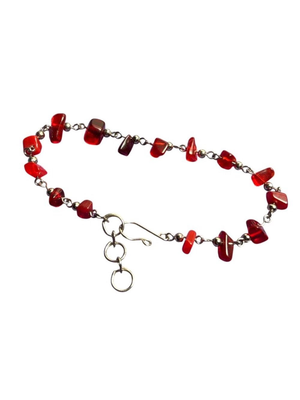 Artisan Red Glass Beaded Silvertone Chain Bracelet Hook Clasp 7.5 - 8.5 inches